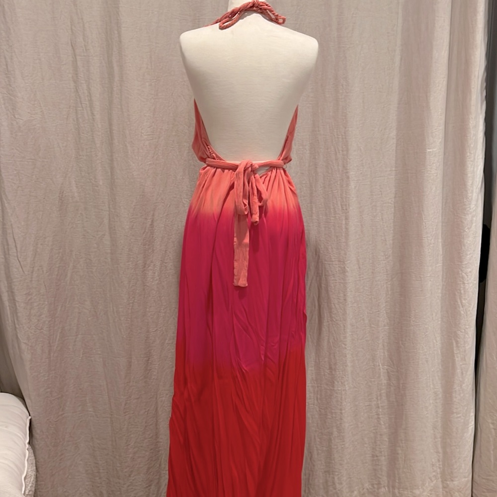 Coral Hot Pink Red Ombre Backless Halter Maxi Dress Resort Beach Living Vacation